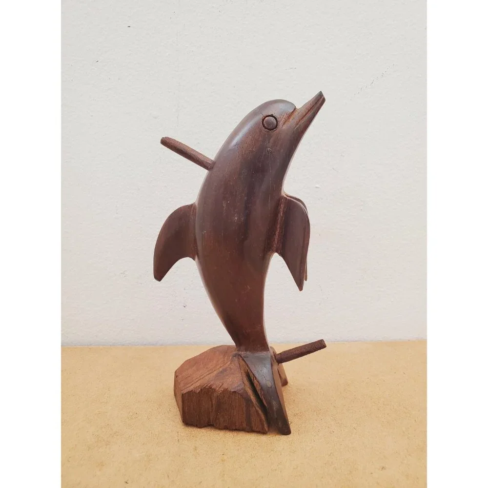Vintage Hardwood Dolphin Statue Wood Carving, Rustic Nautical Beach Home Decor - Picture 10 of 15